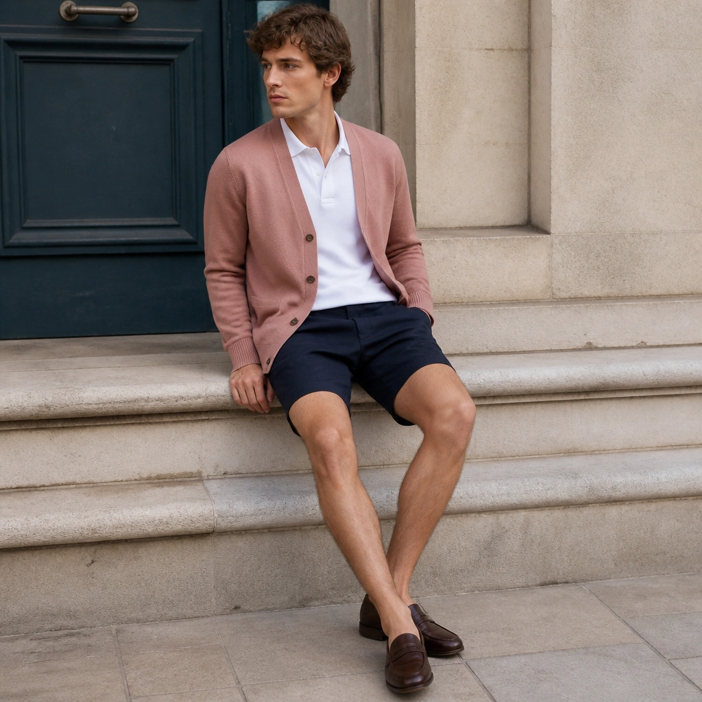 A muted pink cardigan worn over a white polo shirt, paired with navy tailored shorts and loafers. The cardigan is partially open, and the polo collar sits neatly under the knit.