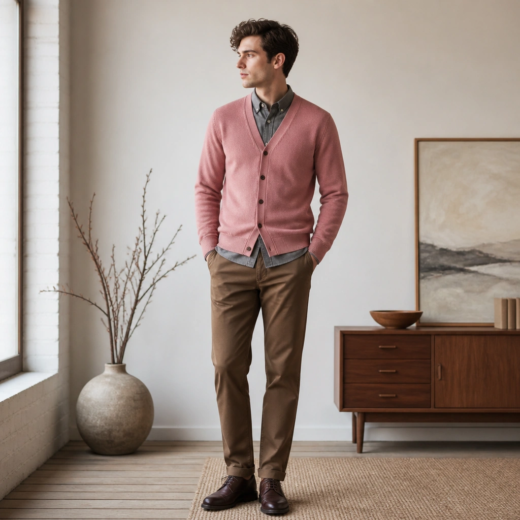 A pink cardigan layered over a gray flannel button-up, paired with brown chinos and dark leather shoes. The flannel shows a subtle texture, and the cardigan buttons are closed with neat alignment.