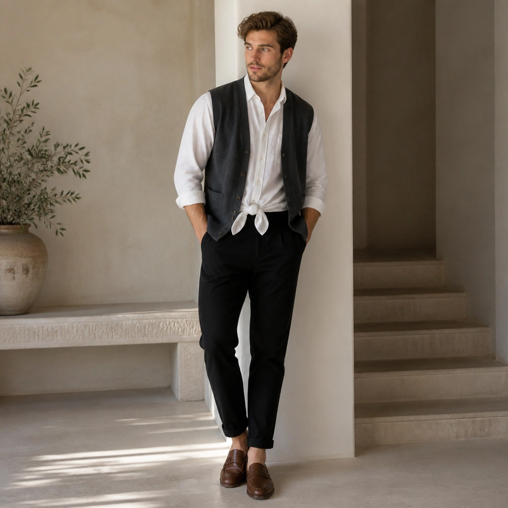 A man in a charcoal sleeveless cardigan over a white button-down Oxford shirt, with the shirt front knotted at the waist. He wears black chinos and brown loafers.