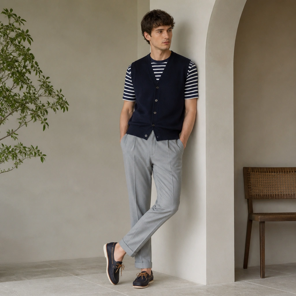 A navy sleeveless cardigan layered over a navy-and-white striped tee, paired with light gray tapered trousers and dark boat shoes.