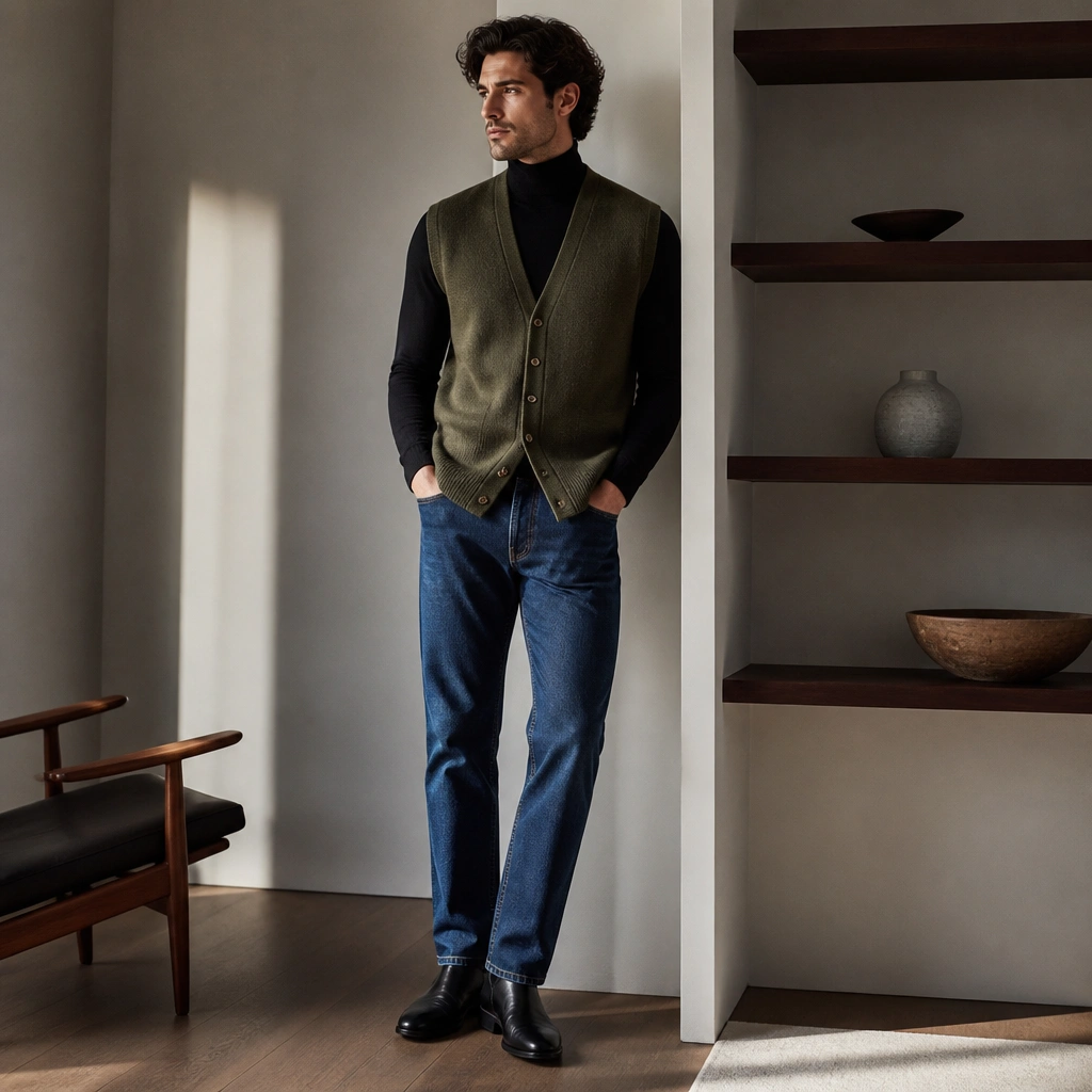 A man wearing an olive sleeveless cardigan over a fitted black turtleneck, with straight-leg blue denim and black leather boots. The cardigan falls to mid-hip.