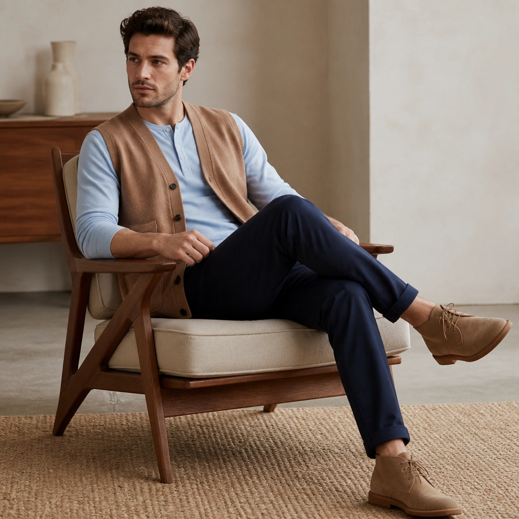 A camel sleeveless cardigan worn over a light blue henley shirt, paired with dark navy chinos and tan suede desert boots.