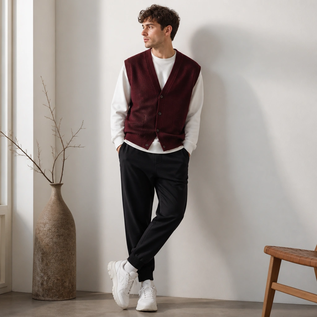 A man in a burgundy sleeveless cardigan over a white crewneck sweatshirt, paired with black joggers and chunky white sneakers.