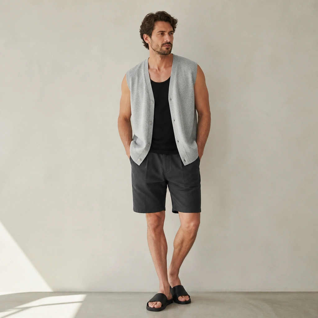 A man wearing a light gray sleeveless cardigan over a black tank top, paired with charcoal shorts and black sandals or slide sneakers.