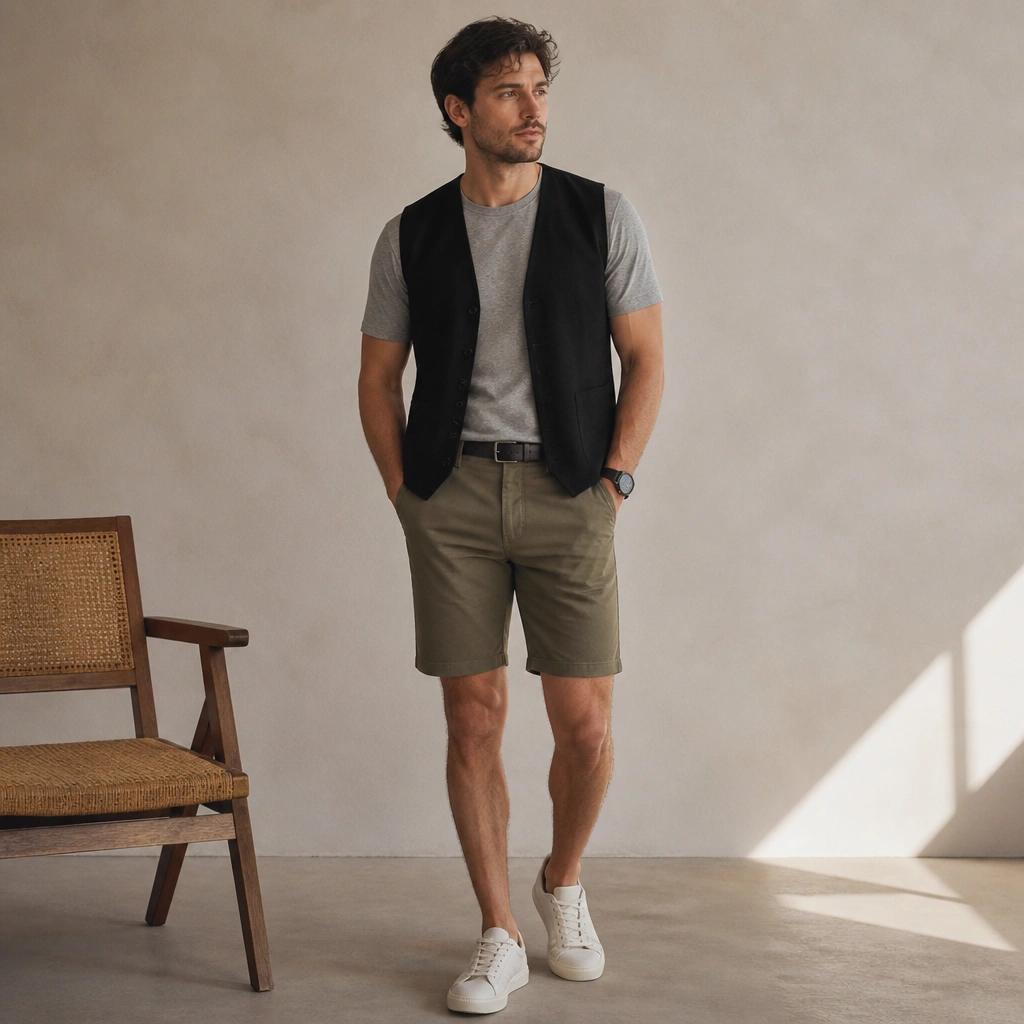 A man in a black sleeveless cardigan over a heather gray tee, wearing olive shorts and a minimal belt. He’s also wearing a watch and low-top sneakers.