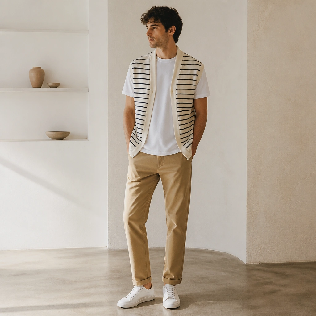 A man wearing an open striped sleeveless cardigan over a solid white T-shirt, paired with tan straight chinos and white low-top sneakers.