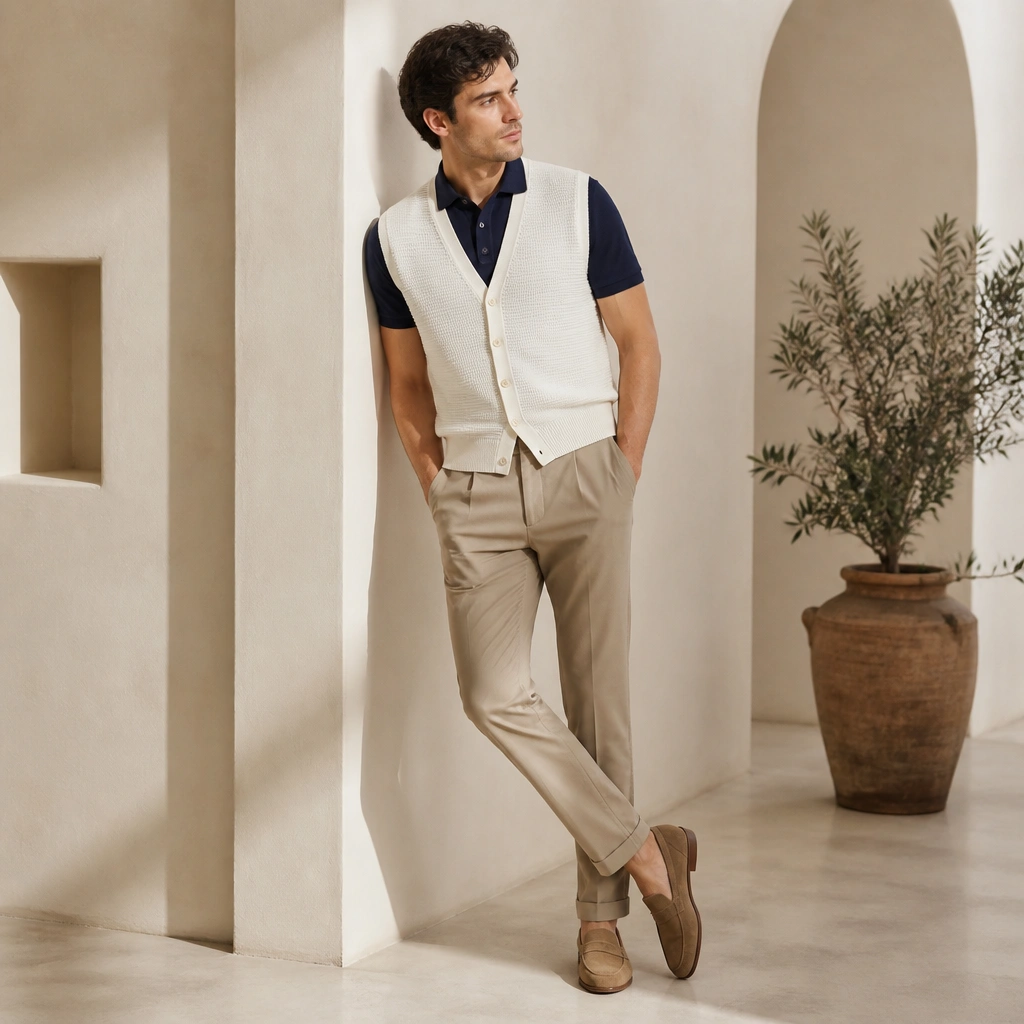 A man wearing a white sleeveless cardigan over a navy polo shirt, paired with beige tapered pants and tan loafers.