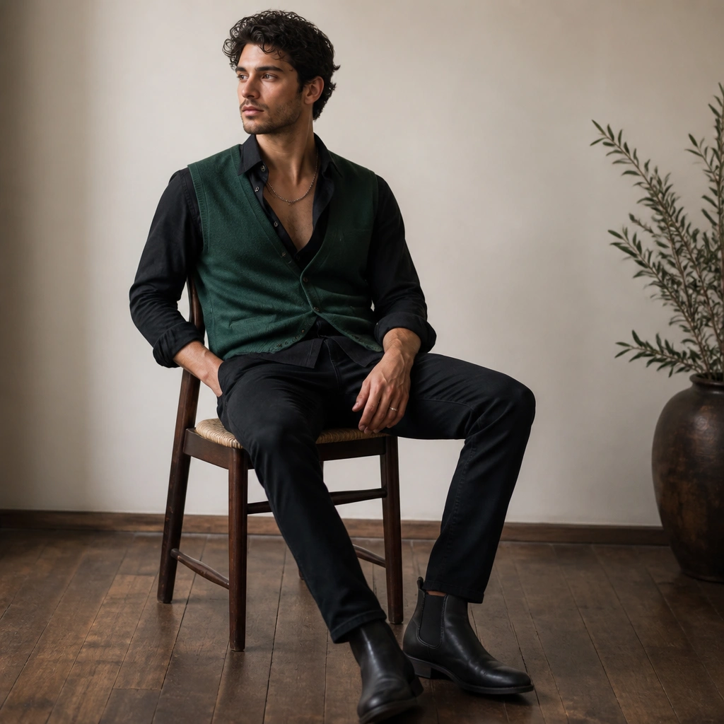 A man wearing a forest green sleeveless cardigan over an unbuttoned black button-down shirt, with a simple chain necklace visible. He wears black jeans and dark boots.