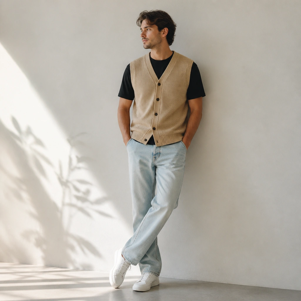 A man wearing a sand-colored sleeveless cardigan over a black T-shirt, paired with light wash denim and white sneakers.