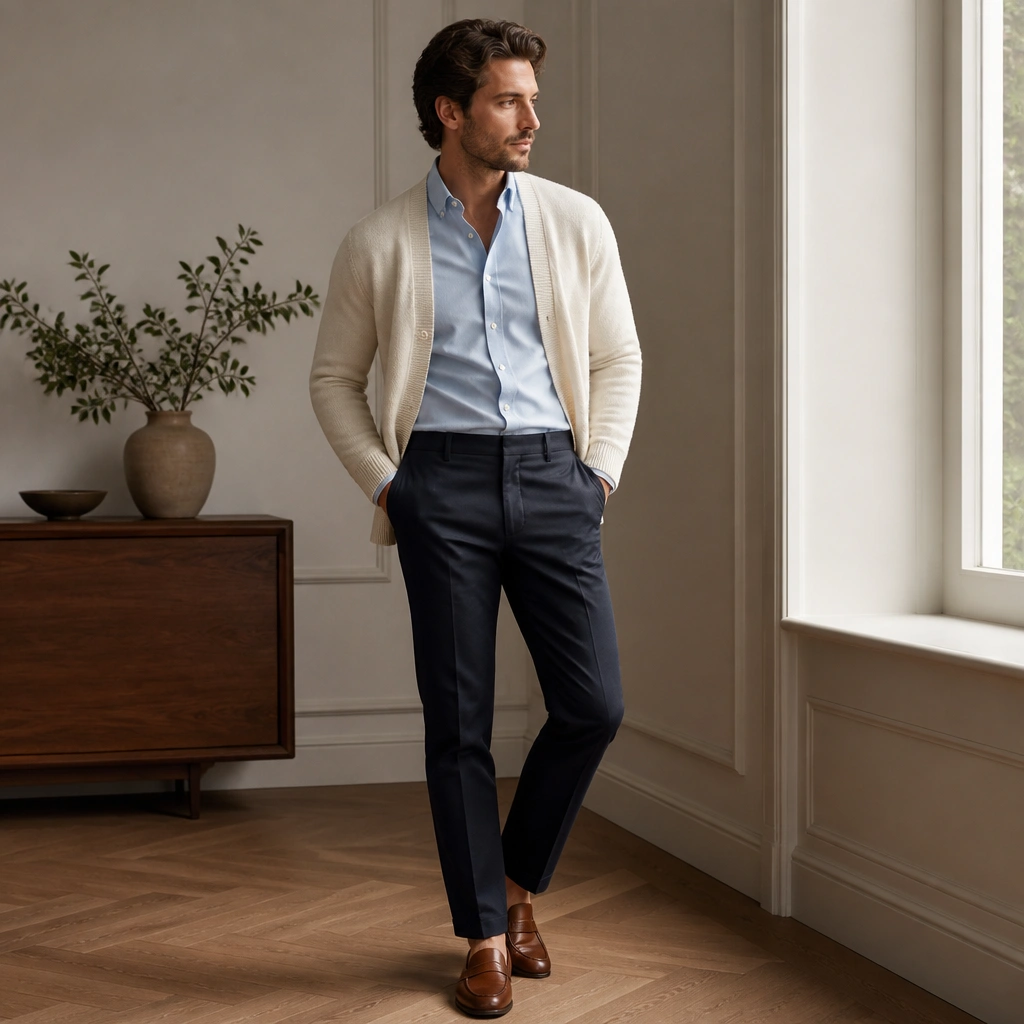 A white cardigan worn buttonless over a light blue button-down shirt, tucked slightly at the waist, with dark wash chinos and brown leather loafers.