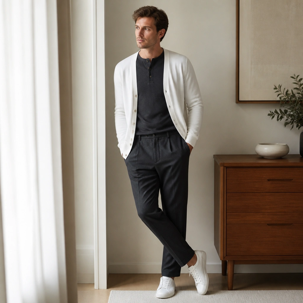 A charcoal henley under a white cardigan, worn with straight-leg charcoal trousers and minimal white low-top sneakers; the cardigan buttons are left open.