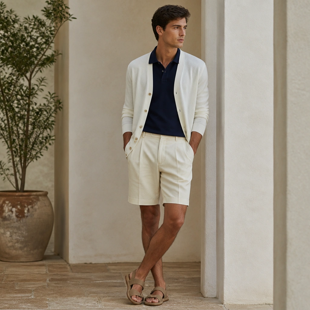 A white cardigan layered over a navy polo, paired with cream/beige pleated shorts and tan sandals; the cardigan falls to mid-hip.