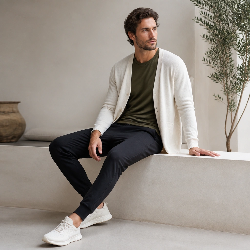 A white cardigan worn over an olive green T-shirt with black tapered joggers and white athletic sneakers; the cardigan is slightly unbuttoned and relaxed.