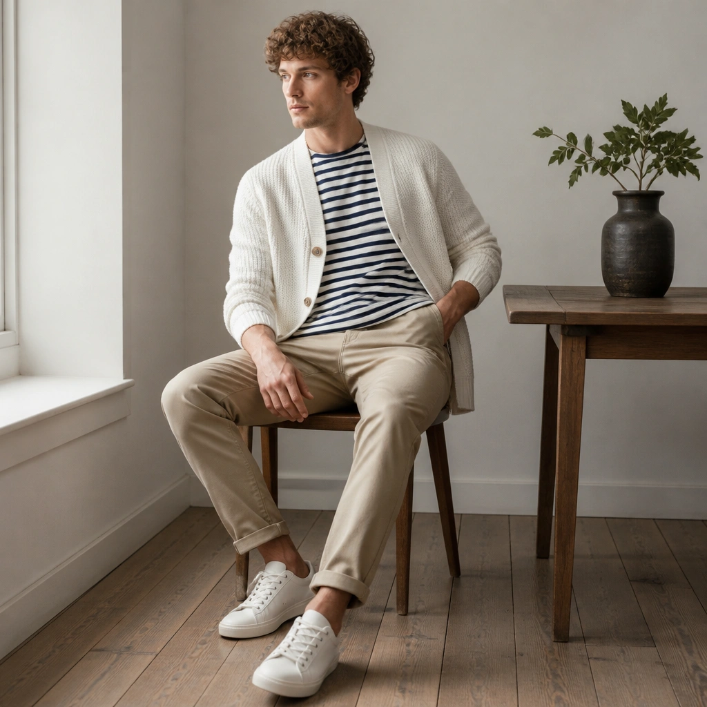 A white cardigan over a navy-and-white striped T-shirt, paired with light khaki chinos and white sneakers; the cardigan has visible knit texture and ribbed cuffs.