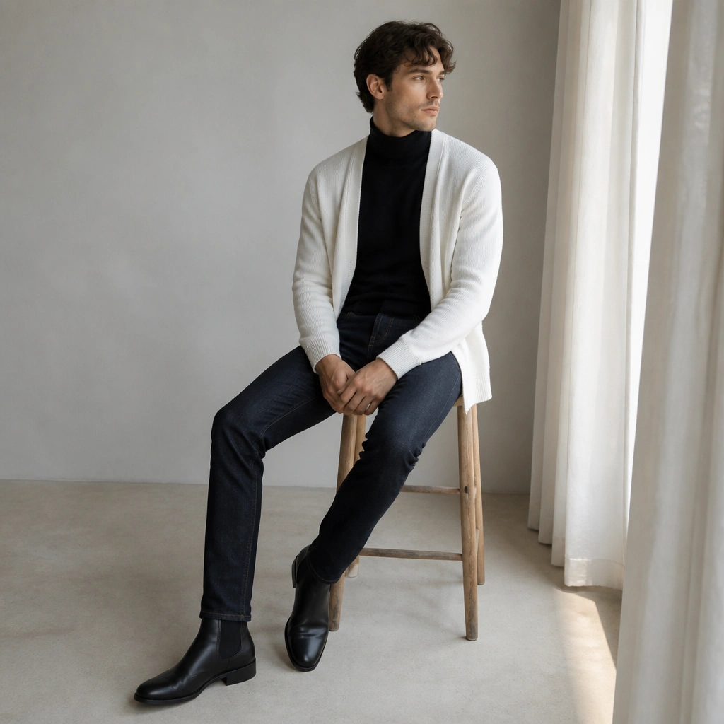 A thin black turtleneck layered under an open white cardigan, with dark indigo slim denim and black Chelsea boots; minimal accessories.