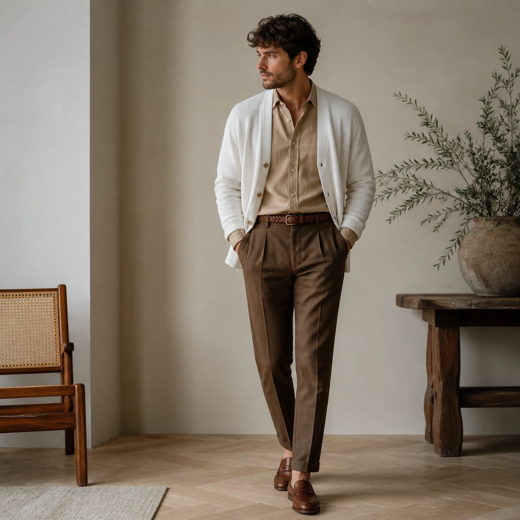 A tan button-up shirt under a white cardigan, tucked into brown tapered pants, with a braided leather belt and loafers.