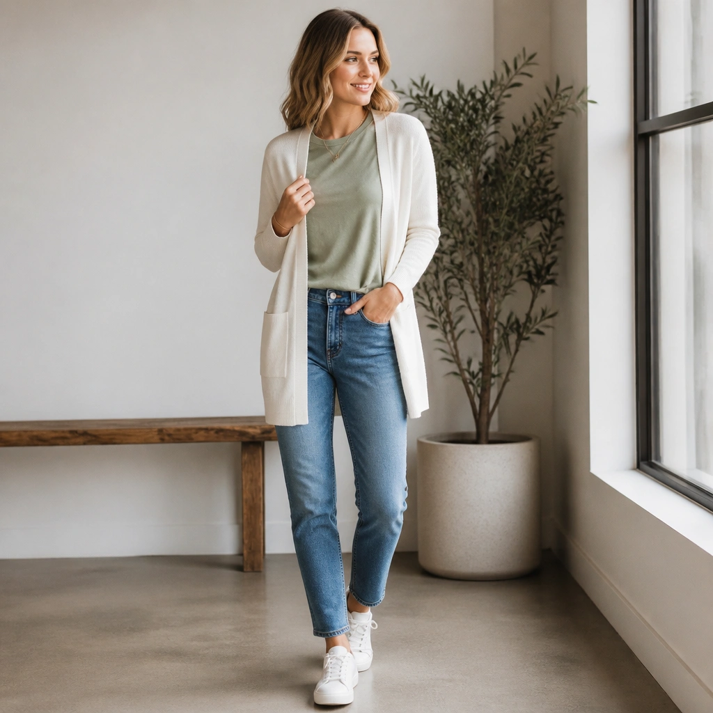 A white cardigan layered over a sage green crewneck, paired with medium-wash jeans and white sneakers; the cardigan is open and slightly longer.
