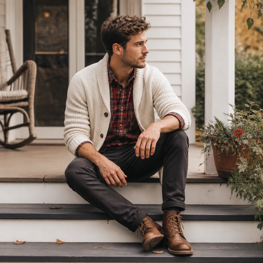 A white cardigan worn over a red plaid flannel, with dark chinos and brown boots; the cardigan sleeves are pushed to mid-forearm.