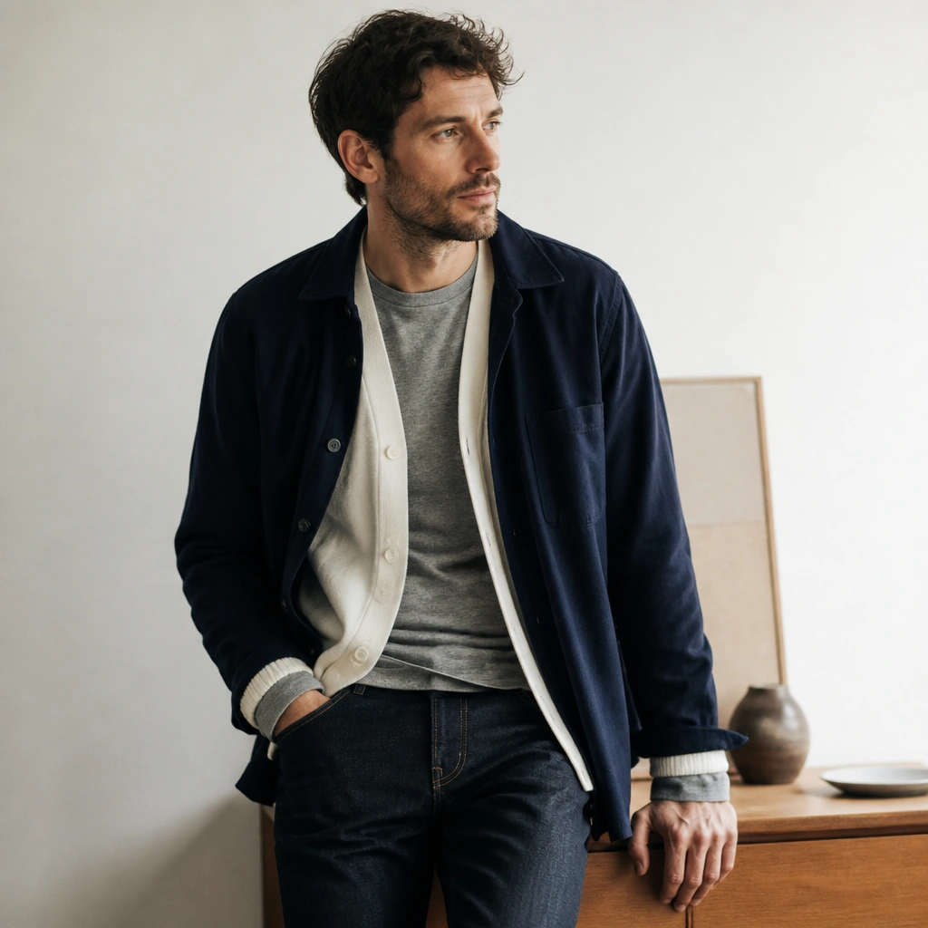 A gray T-shirt under a white cardigan, with a navy overshirt worn partially open, paired with dark jeans; the sleeves are layered visibly.