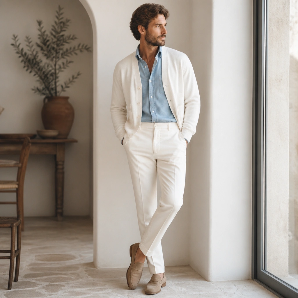 A white cardigan over a light denim button-down, paired with off-white trousers and tan suede shoes; the outfit is bright and airy.