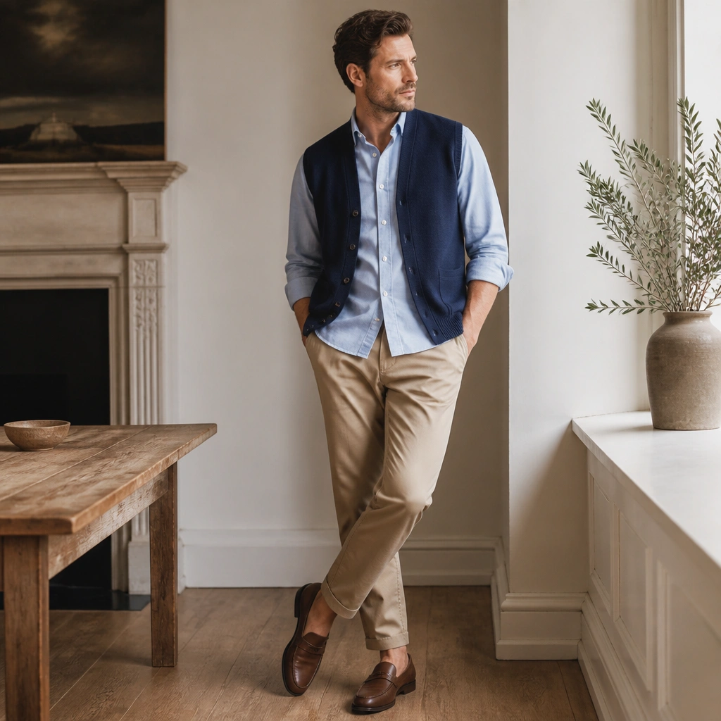 A navy cardigan vest worn open over a light blue Oxford button-down; sleeves are rolled once, with khaki chinos and brown leather loafers.