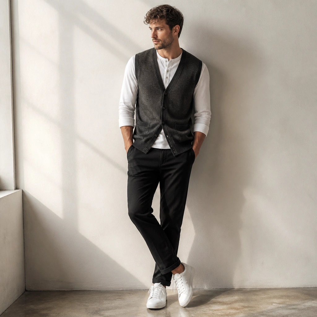 A charcoal cardigan vest layered over a white henley with visible buttons; worn with black tapered pants and clean white sneakers.