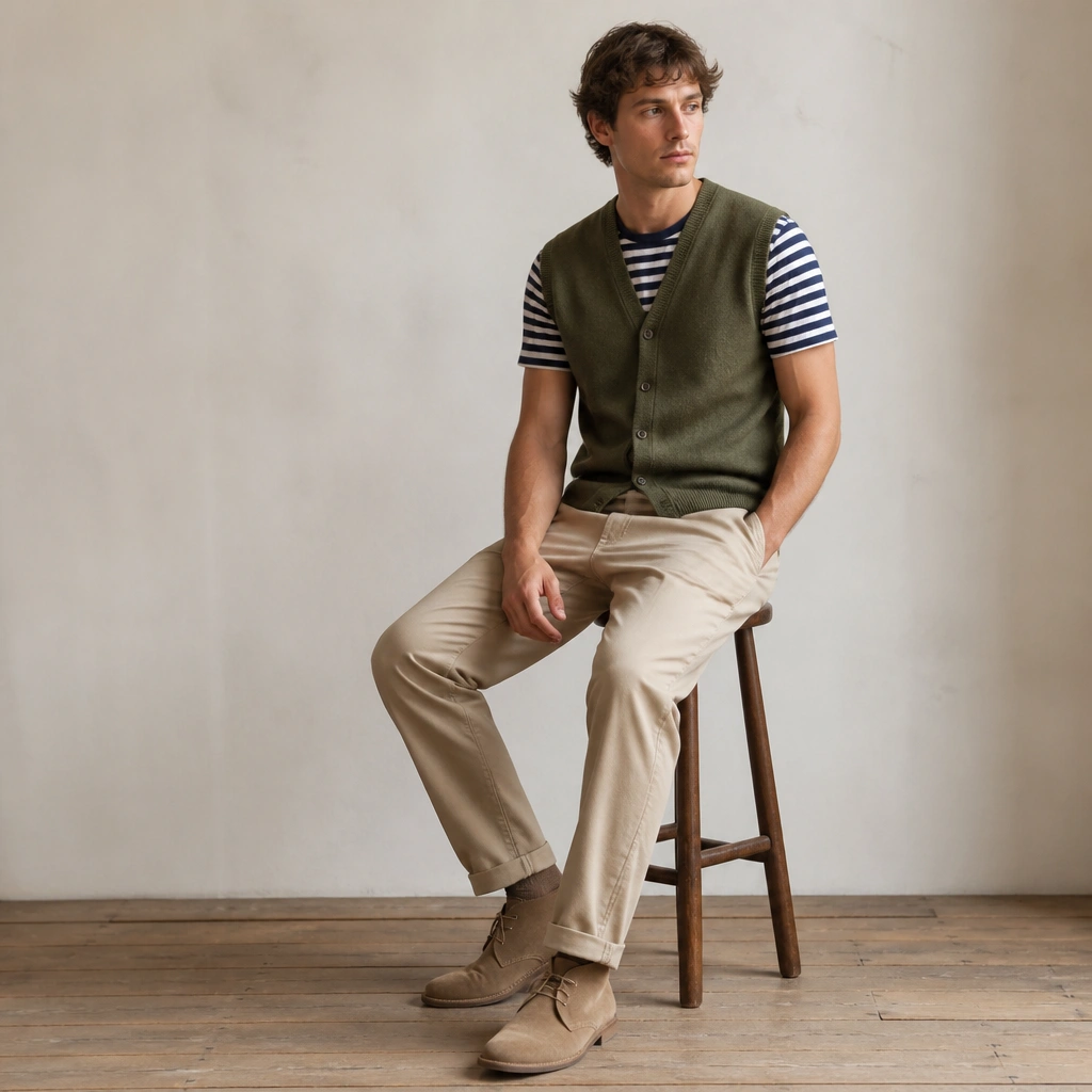 An olive green cardigan vest over a navy-and-white striped t-shirt; paired with beige chinos and suede desert boots.