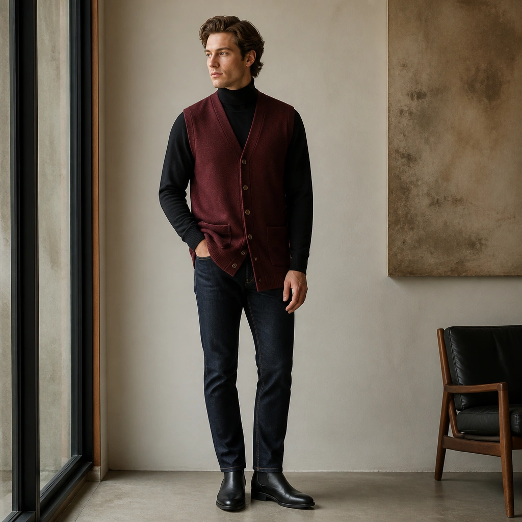 A burgundy cardigan vest layered over a black mock neck sweater, with dark denim and black Chelsea boots; the vest is slightly longer than hip length.