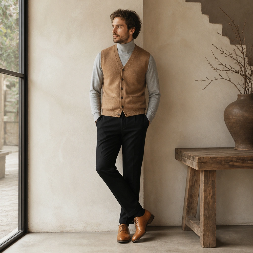 A camel cardigan vest worn over a heather-gray turtleneck; paired with black trousers and tan leather lace-up shoes.
