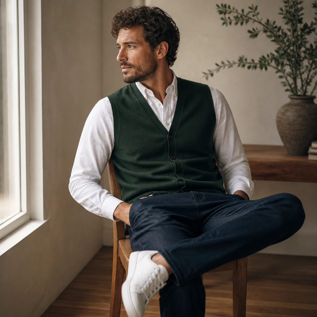 A forest green cardigan vest layered over a crisp white button-down; sleeves are buttoned at the cuffs, with dark jeans and white sneakers.