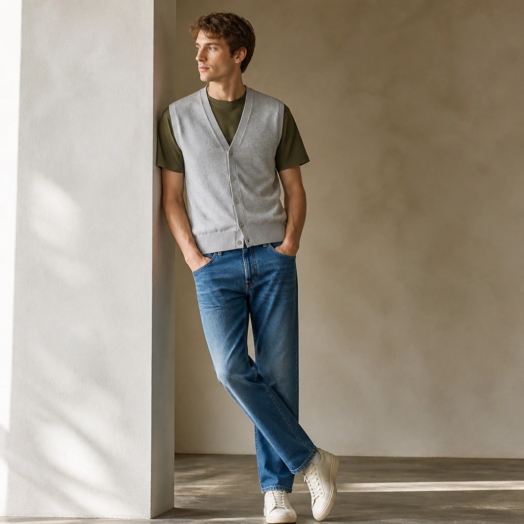 A light gray cardigan vest over an olive crew t-shirt, with straight-leg blue jeans and minimalist sneakers; the vest has small buttons and a ribbed hem.