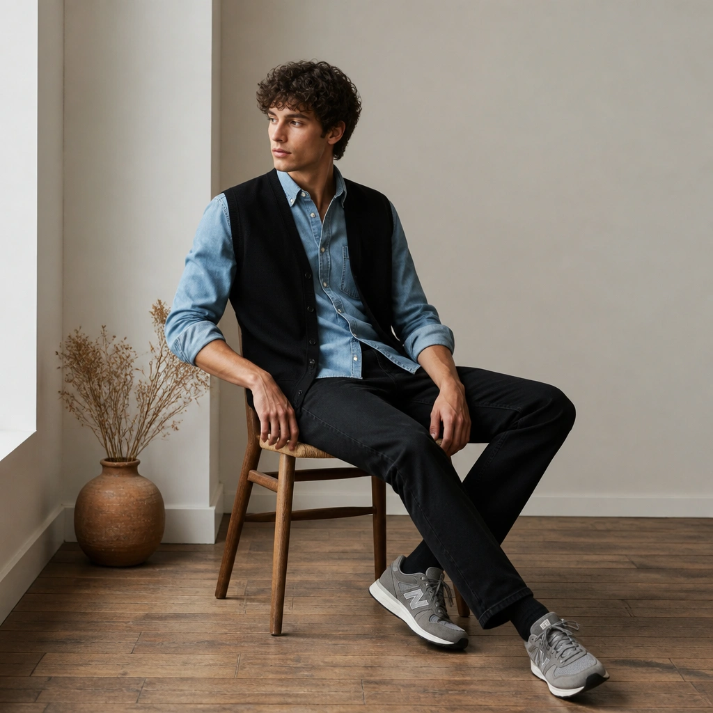 A black cardigan vest over a light blue denim shirt, worn open; the look includes black jeans and gray trainers.