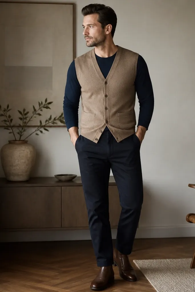 A tan cardigan vest over a navy long-sleeve tee; paired with dark chinos and brown leather boots.