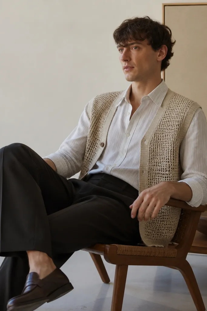 A thin striped button-down (white with subtle gray stripes) under an open-knit cardigan vest in oatmeal; styled with dark trousers and loafers.