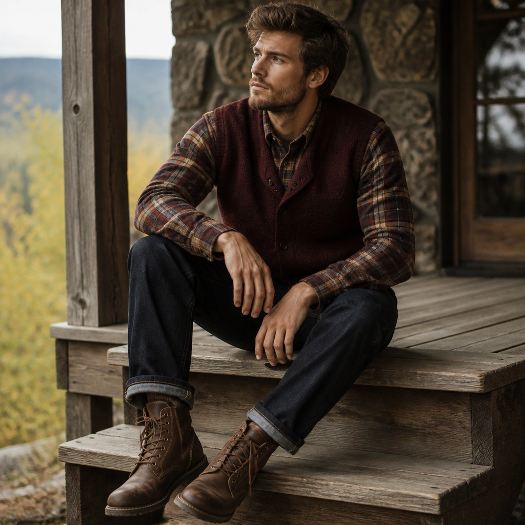 A maroon cardigan vest layered over a red-and-brown plaid flannel; paired with dark jeans and rugged lace-up boots.
