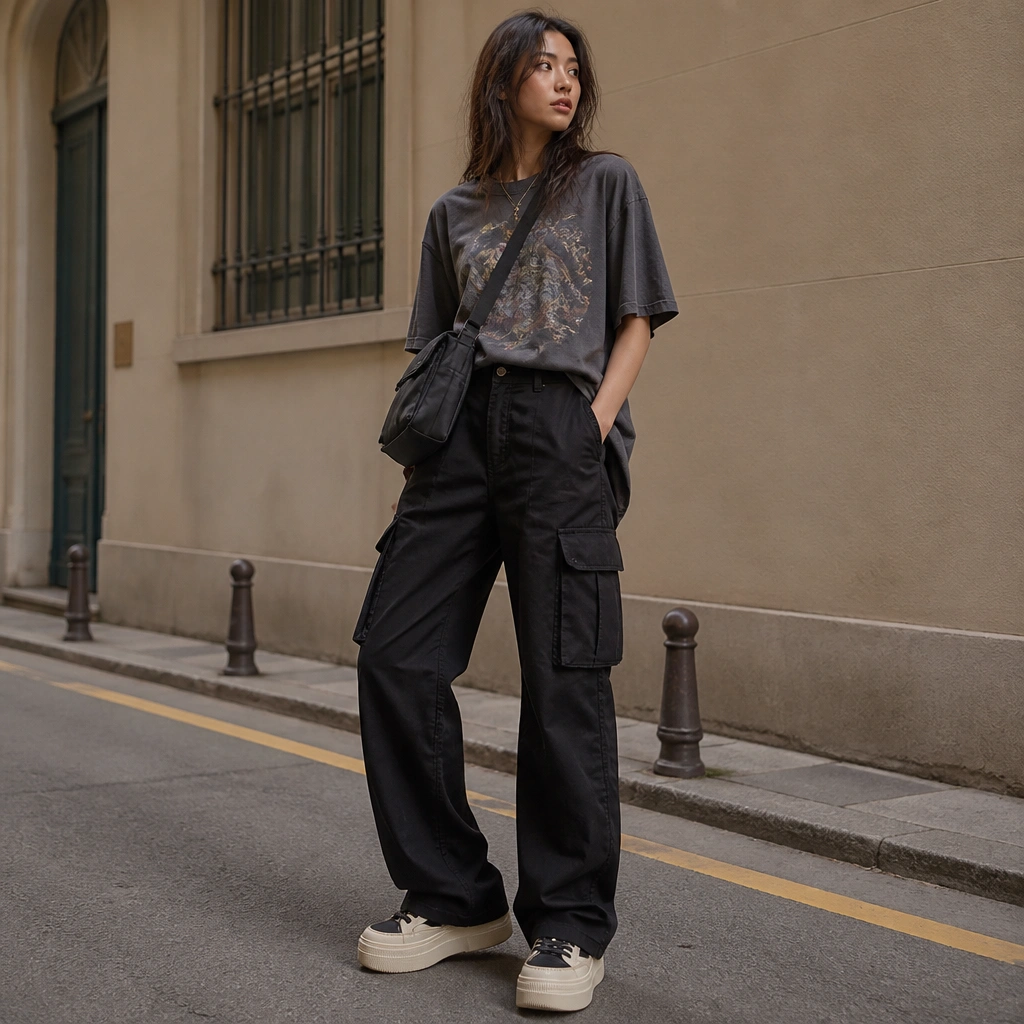 Black cargo jeans worn with a loose oversized graphic tee tucked half in the front, paired with chunky platform sneakers; a crossbody bag sits at the hip to highlight the pocket line.