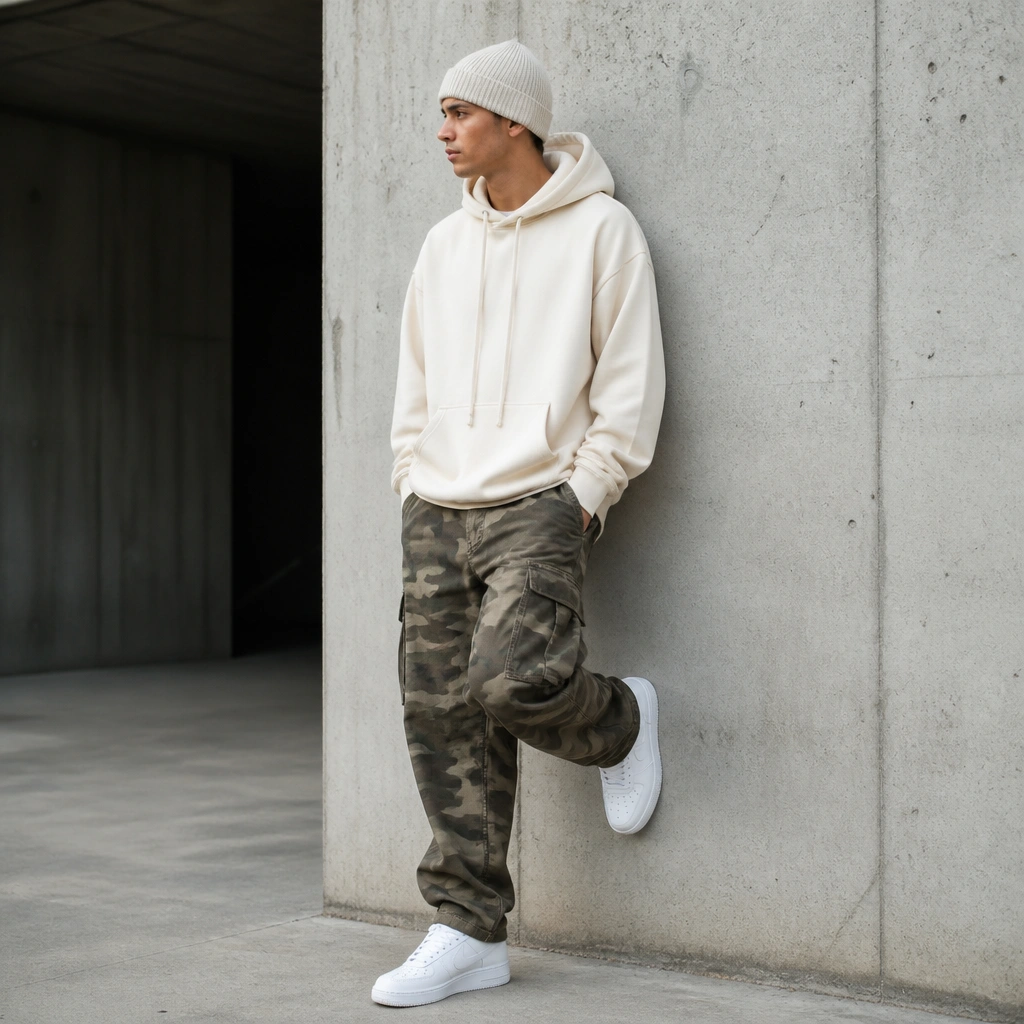 Camo cargo jeans paired with a cream hoodie and bright white sneakers; hoodie strings hang down and a small beanie sits on the head in the photo.