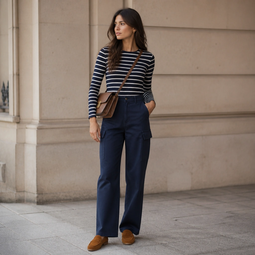 Navy cargo jeans with a navy-and-white striped long-sleeve Breton top tucked in; suede loafers in a warm tan and a structured crossbody bag.