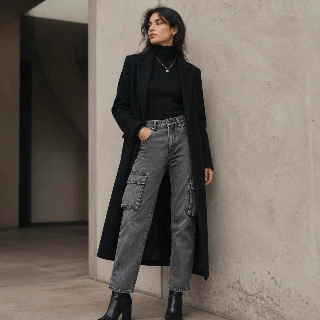 Grey cargo jeans with a fitted black turtleneck and a longline black coat; black ankle boots and minimal gold jewelry are visible.