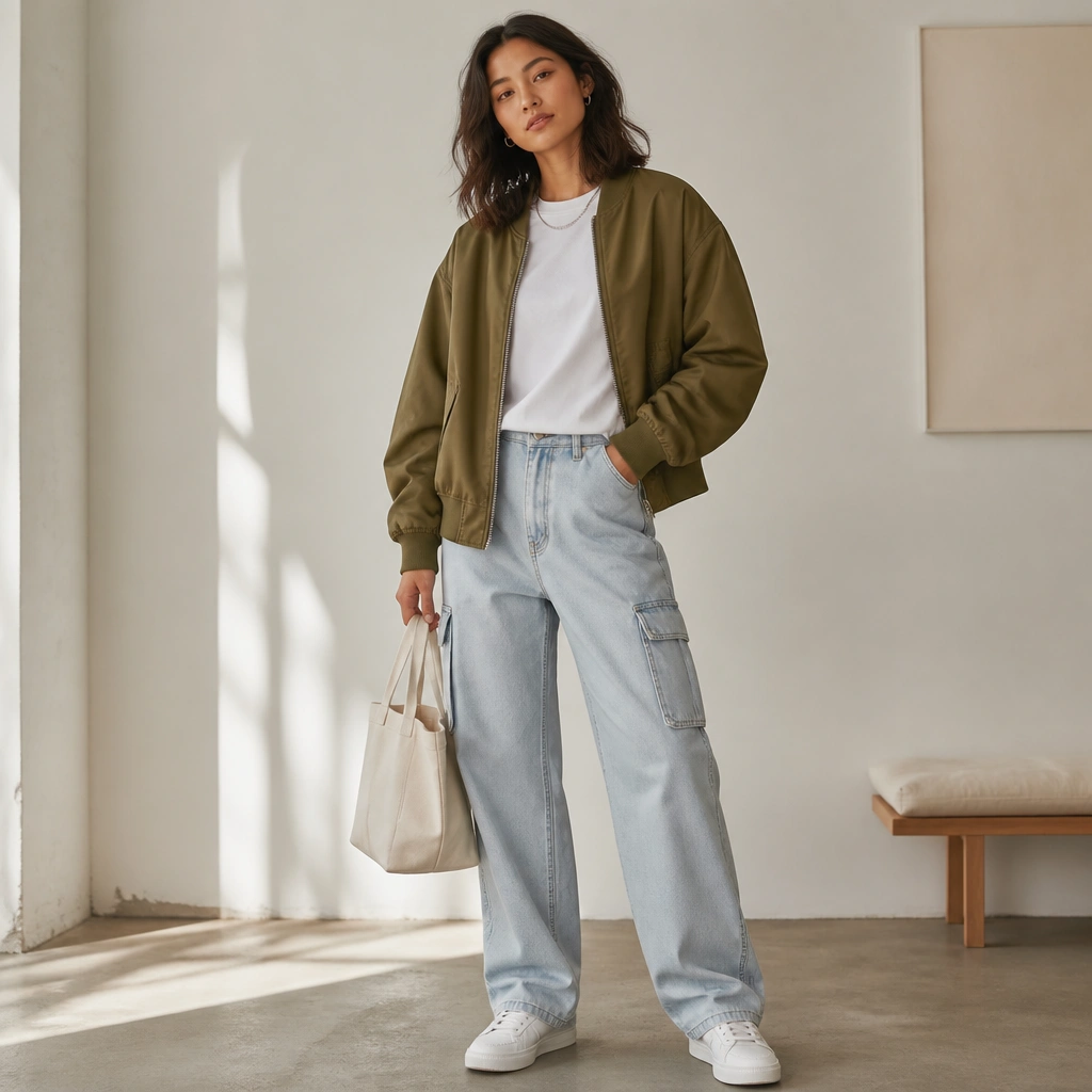 Light wash cargo jeans worn with a plain white tee and an olive bomber jacket; white sneakers and a small canvas tote in the frame.