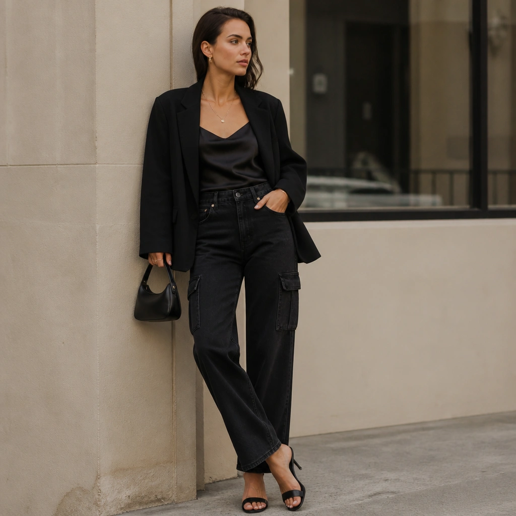 Black cargo jeans paired with a glossy satin cami tucked in and an oversized tailored blazer; heeled mules and a sleek mini bag are shown.