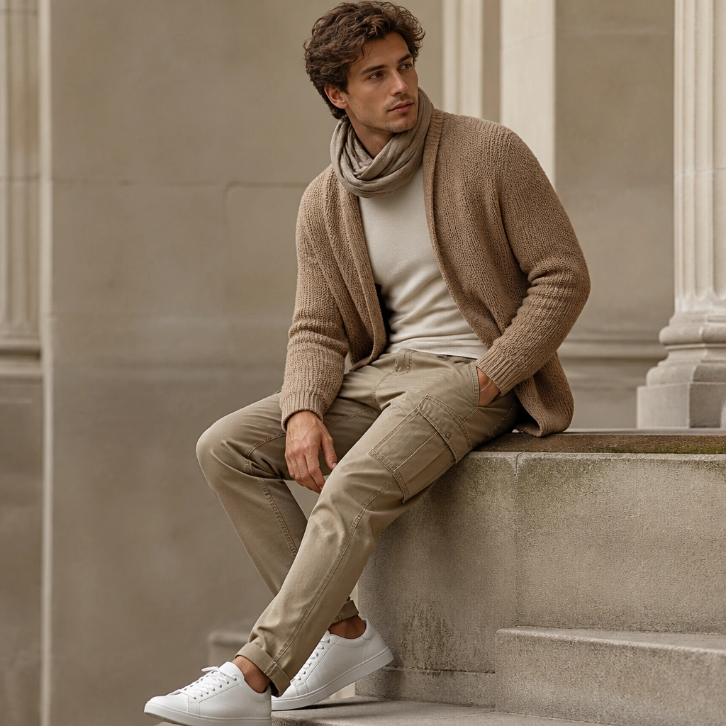 Tan cargo jeans with a camel knit sweater layered over a fitted cream tee; white low-top sneakers and a neutral scarf around the neck.