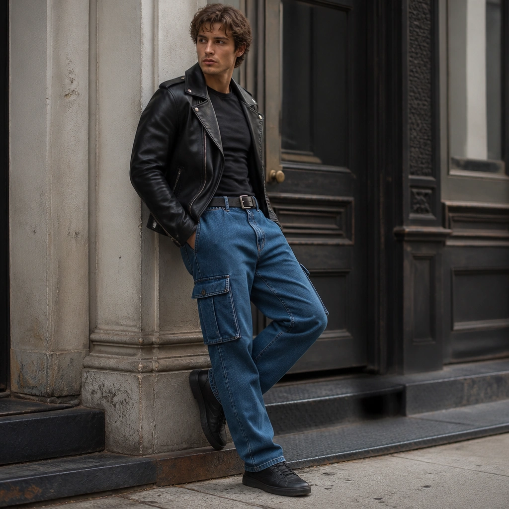 Medium blue cargo jeans worn with a fitted black long-sleeve tee and a black leather moto jacket; black sneakers and a belt with a visible buckle.