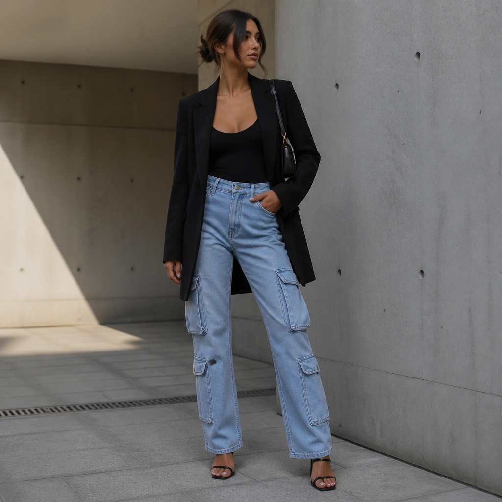 Light blue cargo jeans paired with a fitted black bodysuit and a longline black blazer. The outfit is finished with strappy black sandals and a small structured shoulder bag.