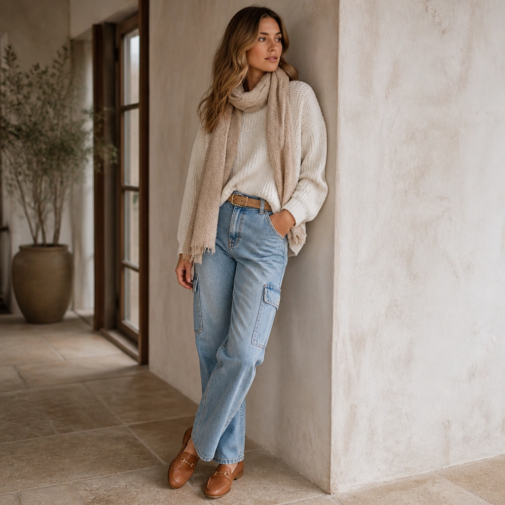 A cozy outfit: light blue cargo jeans with a cream knit sweater half-tucked, a tan belt, and tan leather loafers. A neutral scarf is draped loosely at the neck.