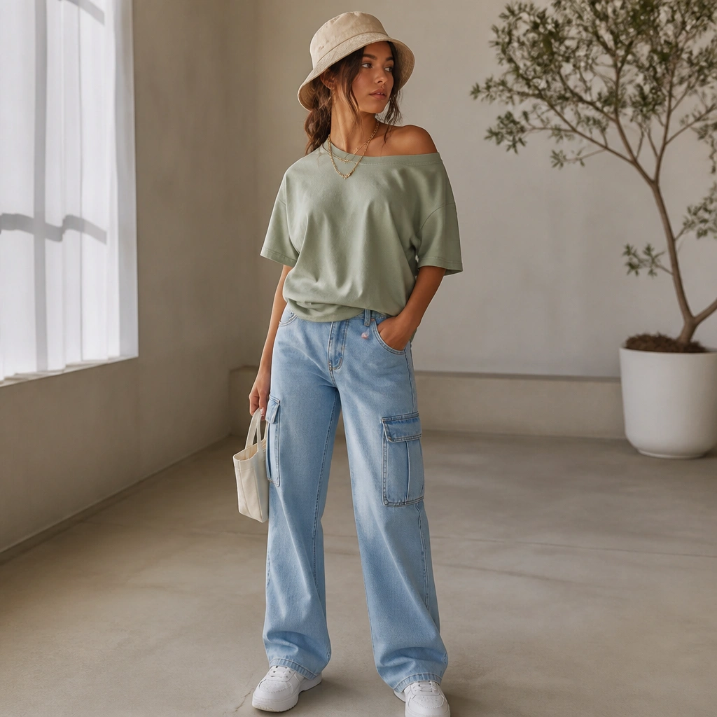 Light blue cargo jeans styled with a sage green oversized tee worn off the shoulder slightly, white sneakers, and a light beige bucket hat. Gold layered necklaces and a small tote bag.
