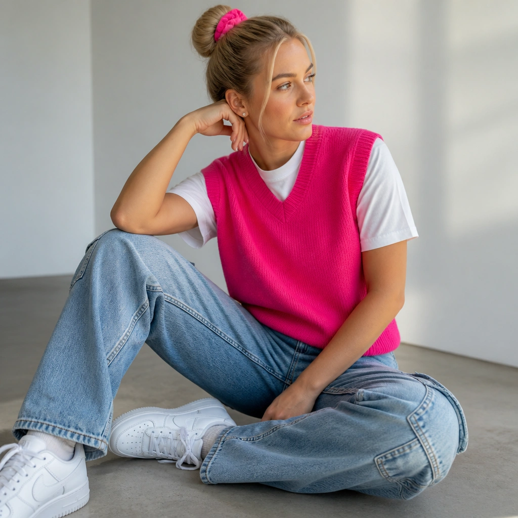 A bright hot pink sweater vest over a plain white crew-neck tee, with light blue cargo jeans and white sneakers. A pink scrunchie hair tie and small stud earrings.
