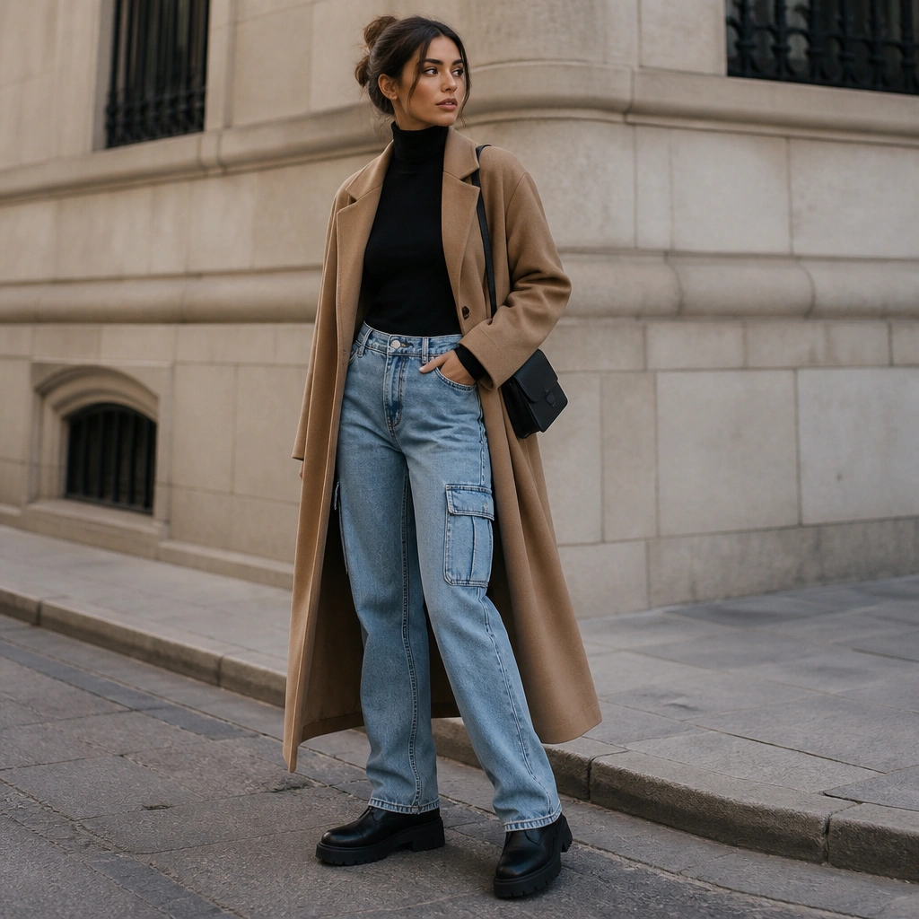 Light blue cargo jeans with a fitted black turtleneck tucked in, paired with chunky black ankle boots. A long camel coat and a black crossbody bag finish the look.