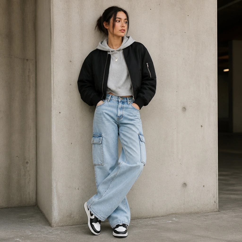 Light blue cargo jeans paired with a heather gray hoodie and a cropped black bomber jacket. The look includes black-and-white sneakers and a silver pendant necklace.
