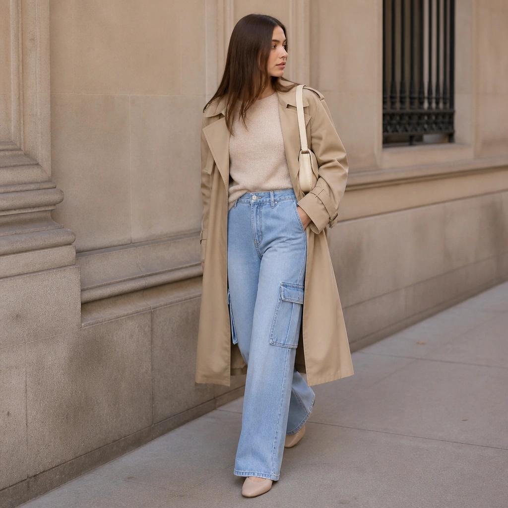 Light blue cargo jeans with a camel trench coat over a beige knit top. Nude flats and a cream shoulder bag. Hair is worn straight, clean and simple.